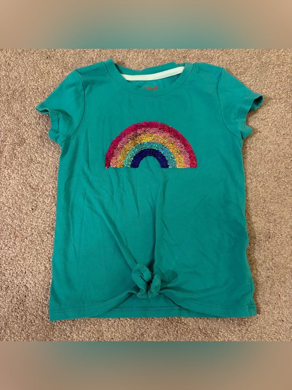 Cat & Jack XS 4/5 Teal Short Sleeve Tee with Sequin Rainbow